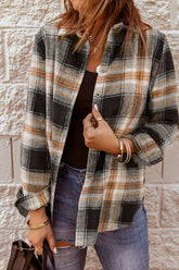 Plaid Collared Neck Button Up Long Sleeve Shirt Black OutfitFlow
